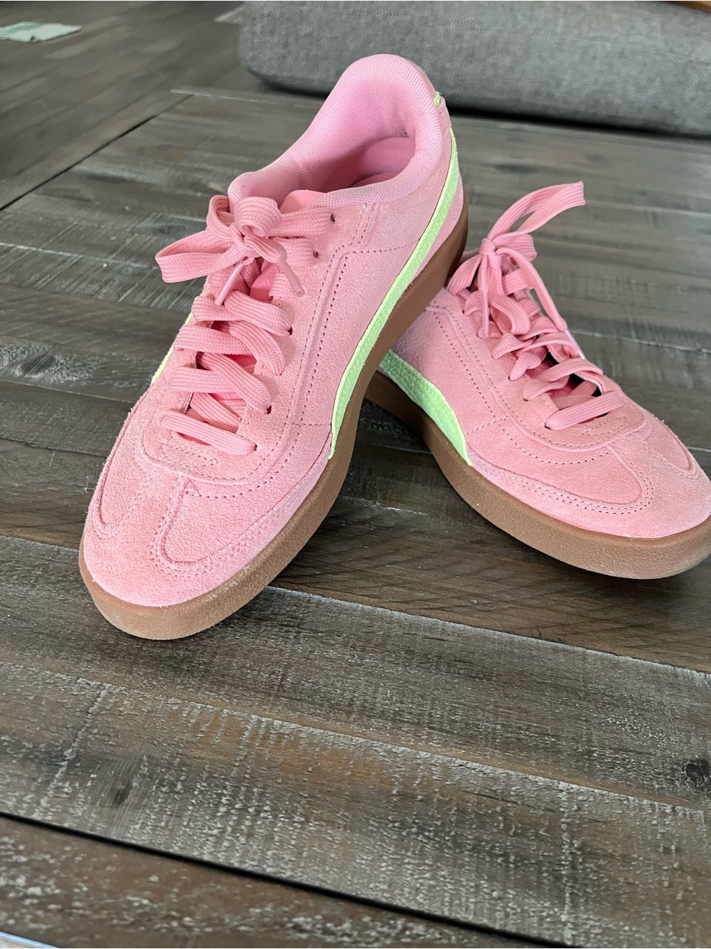 Puma Pink Suede Low-Top Sneakers with Light Green Stripe